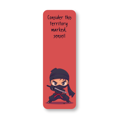 Bookmark with a cartoon ninja character and humorous text on a red background