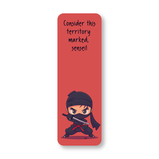 Bookmark with a cartoon ninja character and humorous text on a red background